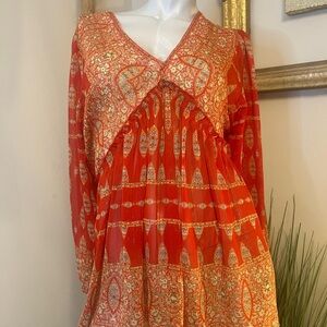 Rose + Olive Women's Sheer Long Sleeve Blouse Red Metallic Size Medium